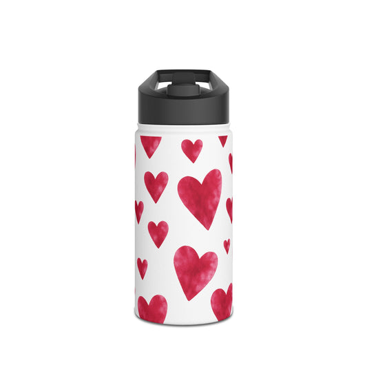 Red Watercolor Heart Patterned Stainless Steel Valentines Water Bottle — Valentine's Day Water Bottle