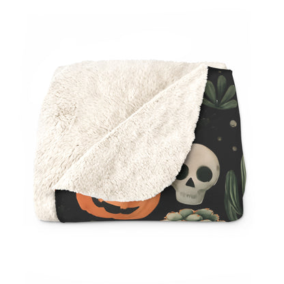 Black Boho Halloween Sherpa Fleece Blanket - Pumpkins, Spiders, Webs, Cactus, Cozy Fall Home Decor, Gothic Halloween Decor, Halloween