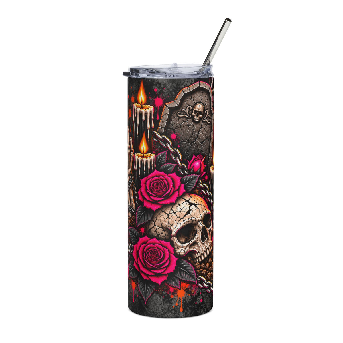 Dirt & Defiance 20oz Stainless Steel Tumbler | Gothic Skull & Coffin Travel Cup by Subbin4Sanity