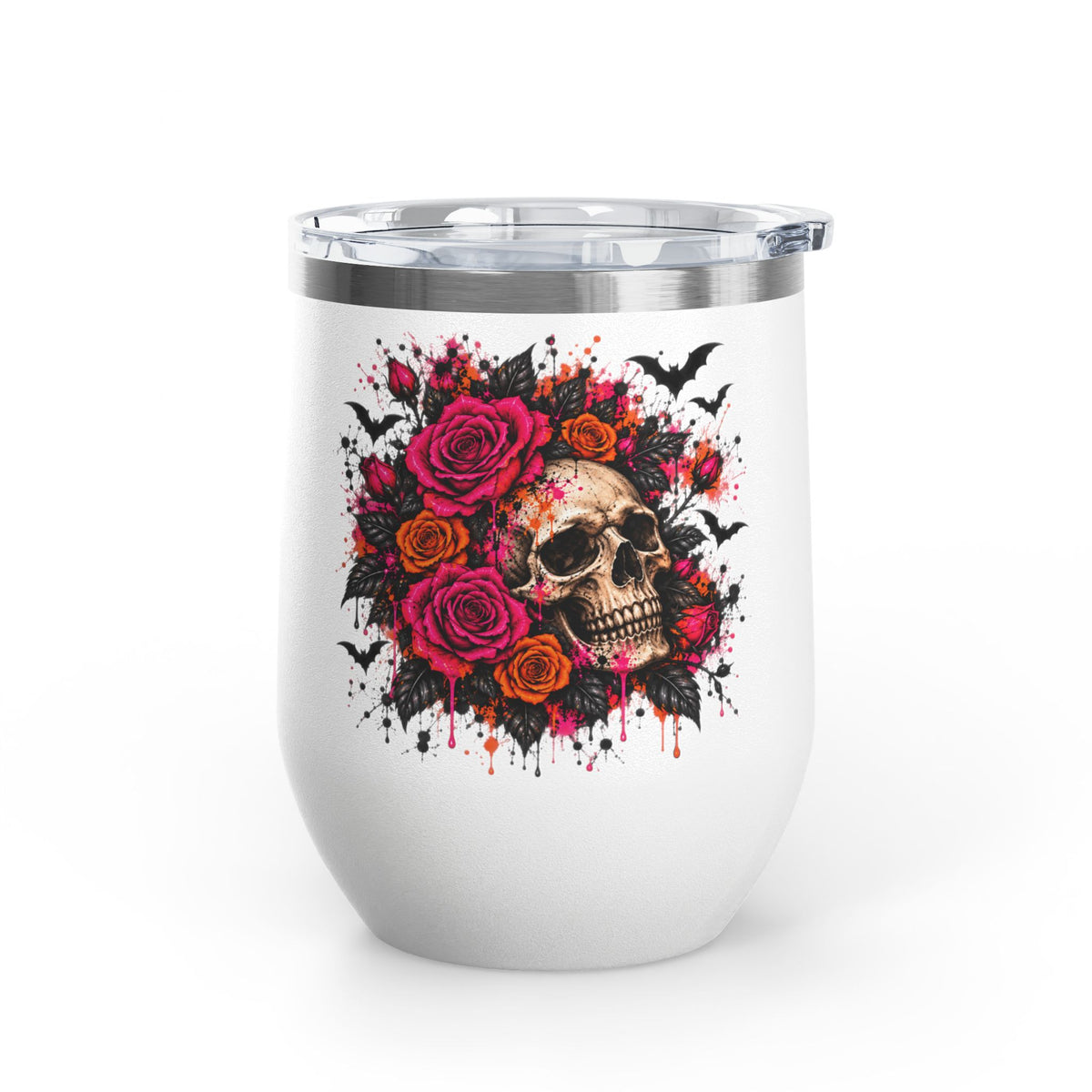 Deadly Blooms 12oz Wine Tumbler | Gothic Floral Skull Stainless Steel Cup by Subbin4Sanity