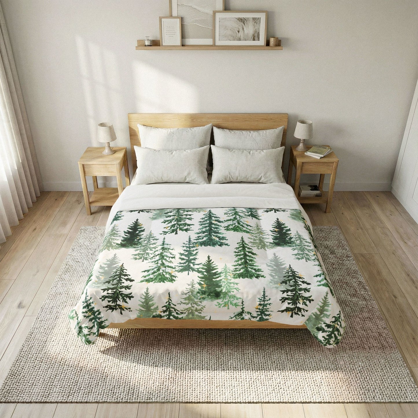 Winter Woods Comforter Blanket | Christmas Pine Forest Cotton Comforter – Green Watercolor Evergreen Bedding by Subbin4Sanity