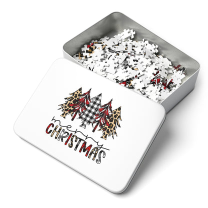 Merry Christmas Jigsaw Puzzle with Tin — Buffalo Plaid & Leopard Trees Merry Christmas Holiday Design