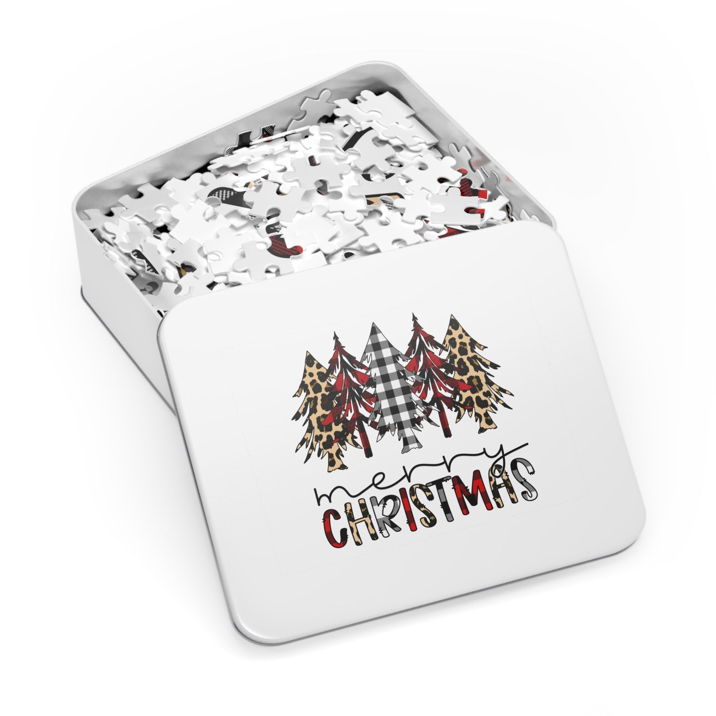 Merry Christmas Jigsaw Puzzle with Tin — Buffalo Plaid & Leopard Trees Merry Christmas Holiday Design