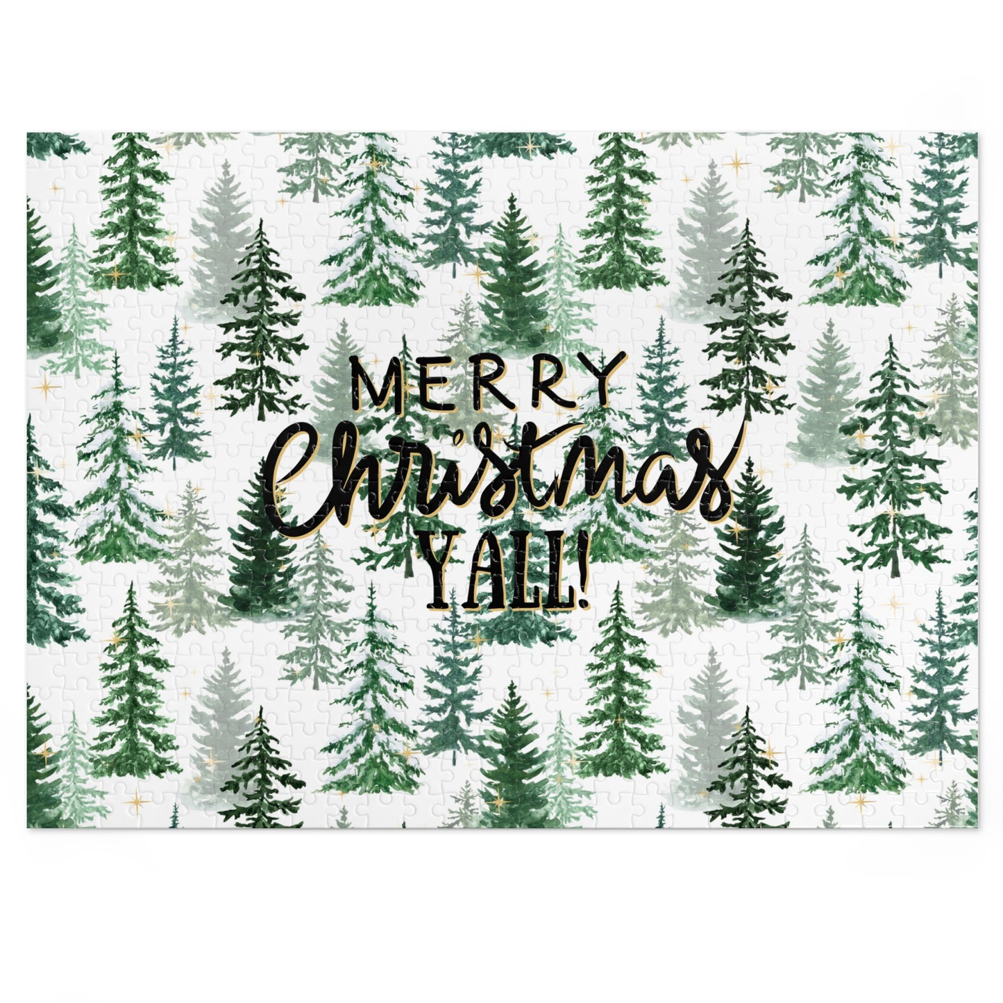 "Merry Christmas Yall!" Puzzle with Tin Box with Christmas Tree Background