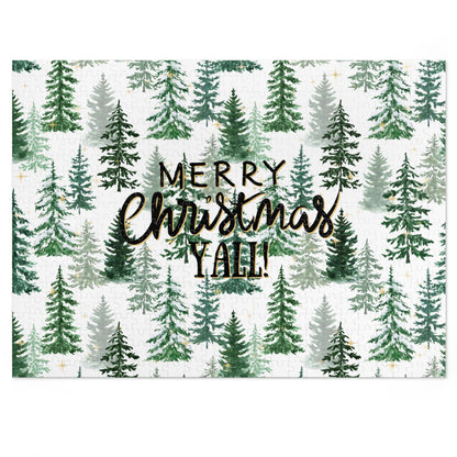 "Merry Christmas Yall!" Puzzle with Tin Box with Christmas Tree Background