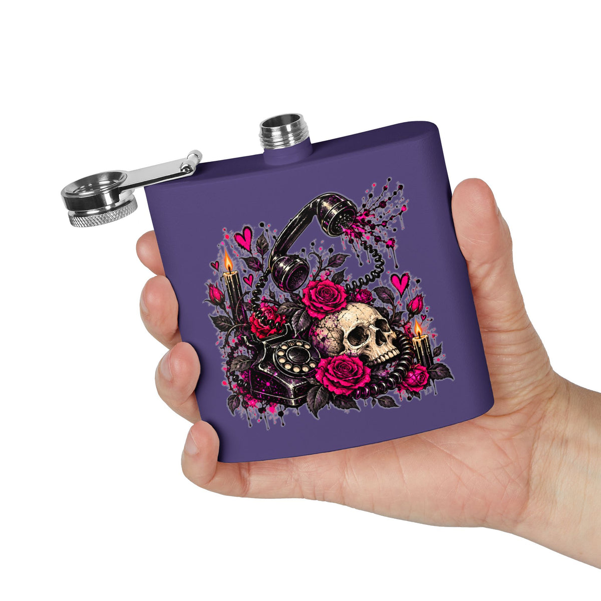 Karma’s Calling 6oz Stainless Steel Flask | Gothic Skull & Telephone Drinking Flask by Subbin4Sanity