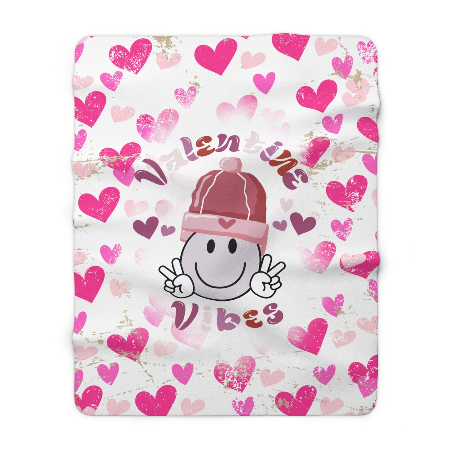 White Valentine’s sherpa fleece blanket with Valentine’s Vibes smiley face