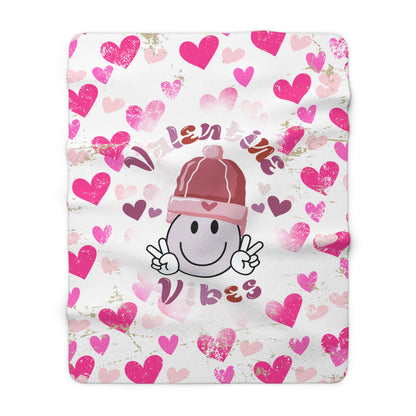 White Valentine’s sherpa fleece blanket with Valentine’s Vibes smiley face