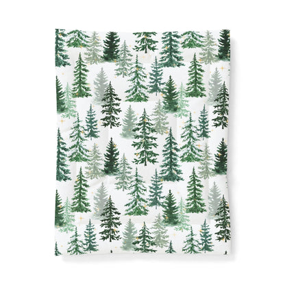 Winter Woods Comforter Blanket | Christmas Pine Forest Cotton Comforter – Green Watercolor Evergreen Bedding by Subbin4Sanity