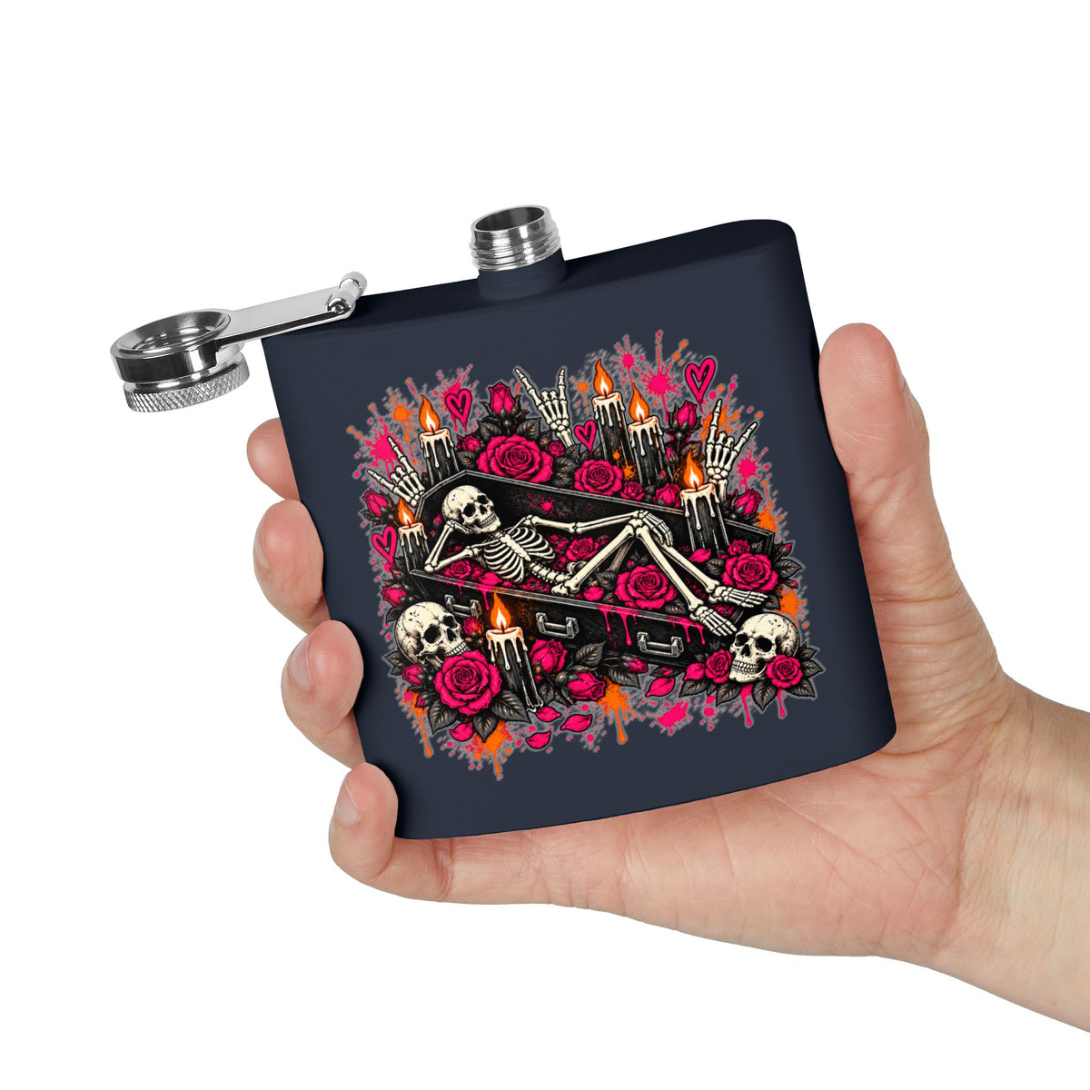 Dead & Unbothered 6oz Stainless Steel Flask | Gothic Skeleton Drinking Flask by Subbin4Sanity