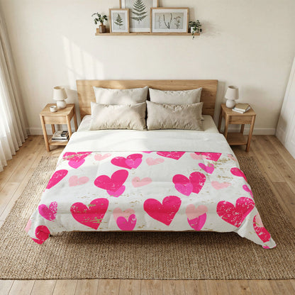 Love Worn Cozy Comforter Blanket | Distressed Heart Print Cotton Comforter – Pink Love Pattern Bedding by Subbin4Sanity