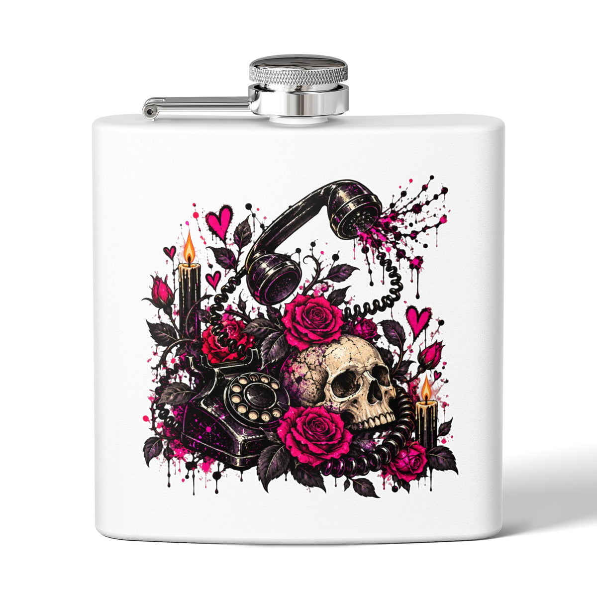 Karma’s Calling 6oz Stainless Steel Flask | Gothic Skull & Telephone Drinking Flask by Subbin4Sanity