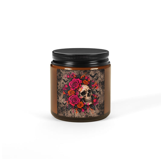 Deadly Blooms Scented Amber Jar Soy Candle | Gothic Floral Skull Home Decor Candle by Subbin4Sanity