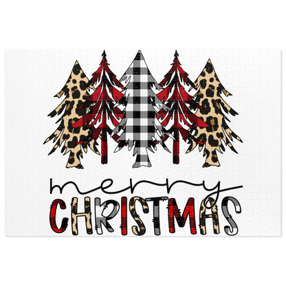 Merry Christmas Jigsaw Puzzle with Tin — Buffalo Plaid & Leopard Trees Merry Christmas Holiday Design