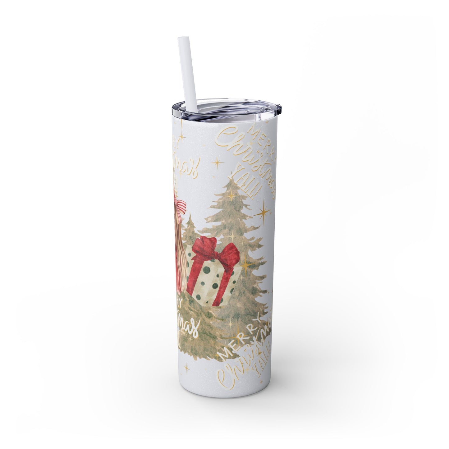 Christmas Skinny Tumbler with Straw, 20oz, "Merry Christmas Yall/I'm a gift"