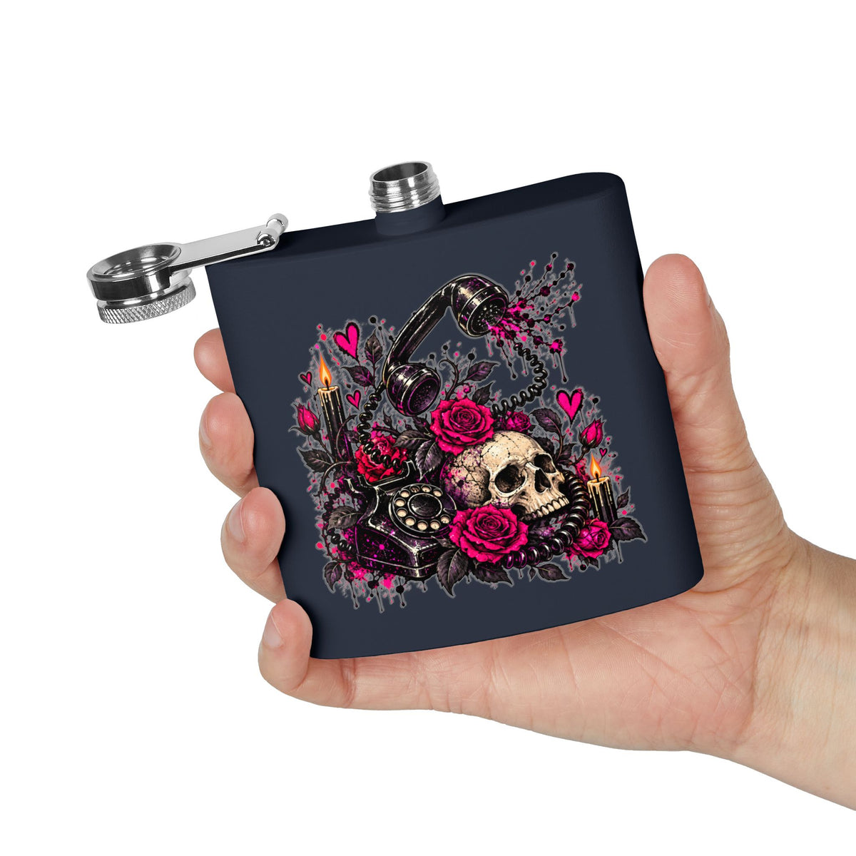Karma’s Calling 6oz Stainless Steel Flask | Gothic Skull & Telephone Drinking Flask by Subbin4Sanity