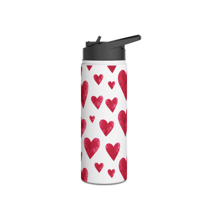 Red Watercolor Heart Patterned Stainless Steel Valentines Water Bottle — Valentine's Day Water Bottle