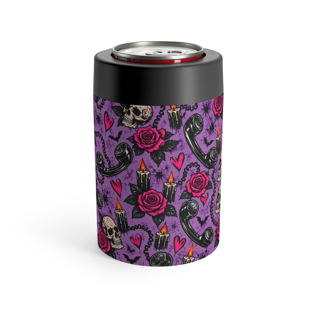 Karma’s Calling Pattern 12oz Insulated Stainless Steel Koozie | Gothic Telephone & Rose Can Holder by Subbin4Sanity