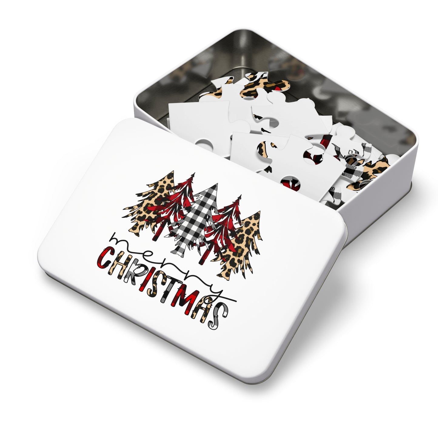 Merry Christmas Jigsaw Puzzle with Tin — Buffalo Plaid & Leopard Trees Merry Christmas Holiday Design