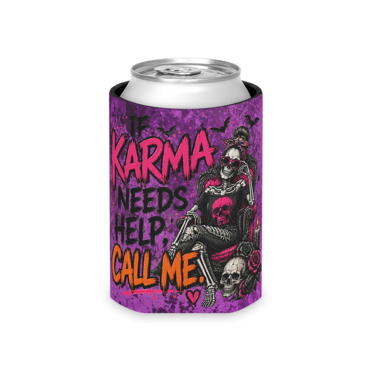If Karma Needs Help Call Me Foam Grip Koozie | Sassy Skeleton Can Cooler by Subbin4Sanity