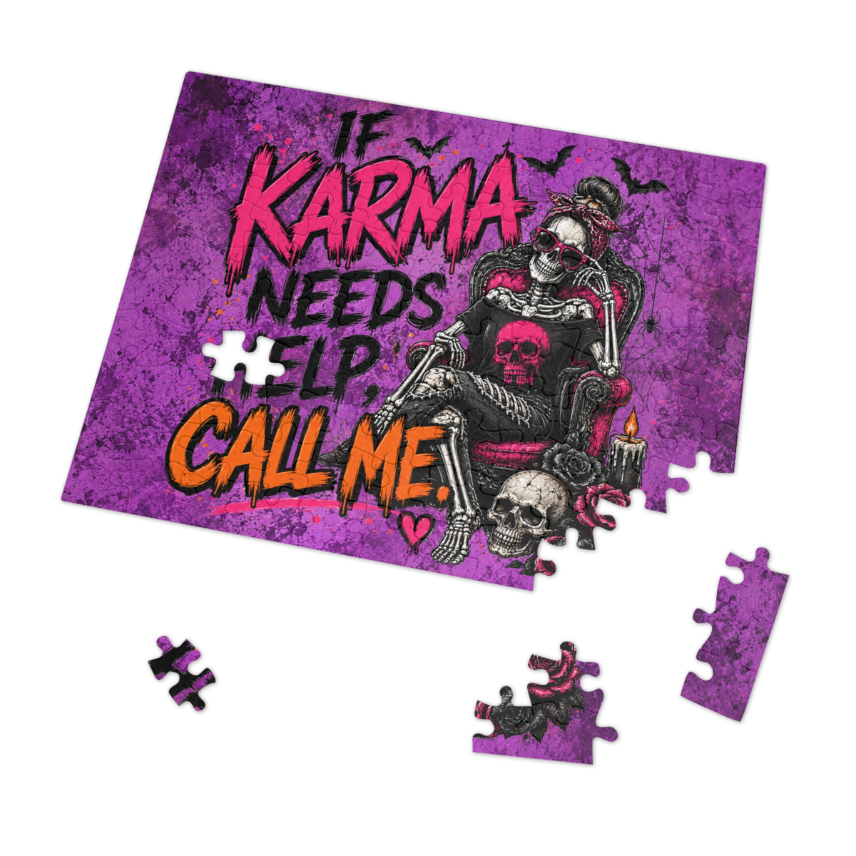 If Karma Needs Help, Call Me Halloween Jigsaw Puzzle | Sarcastic Gothic Skull Puzzle by Subbin4Sanity