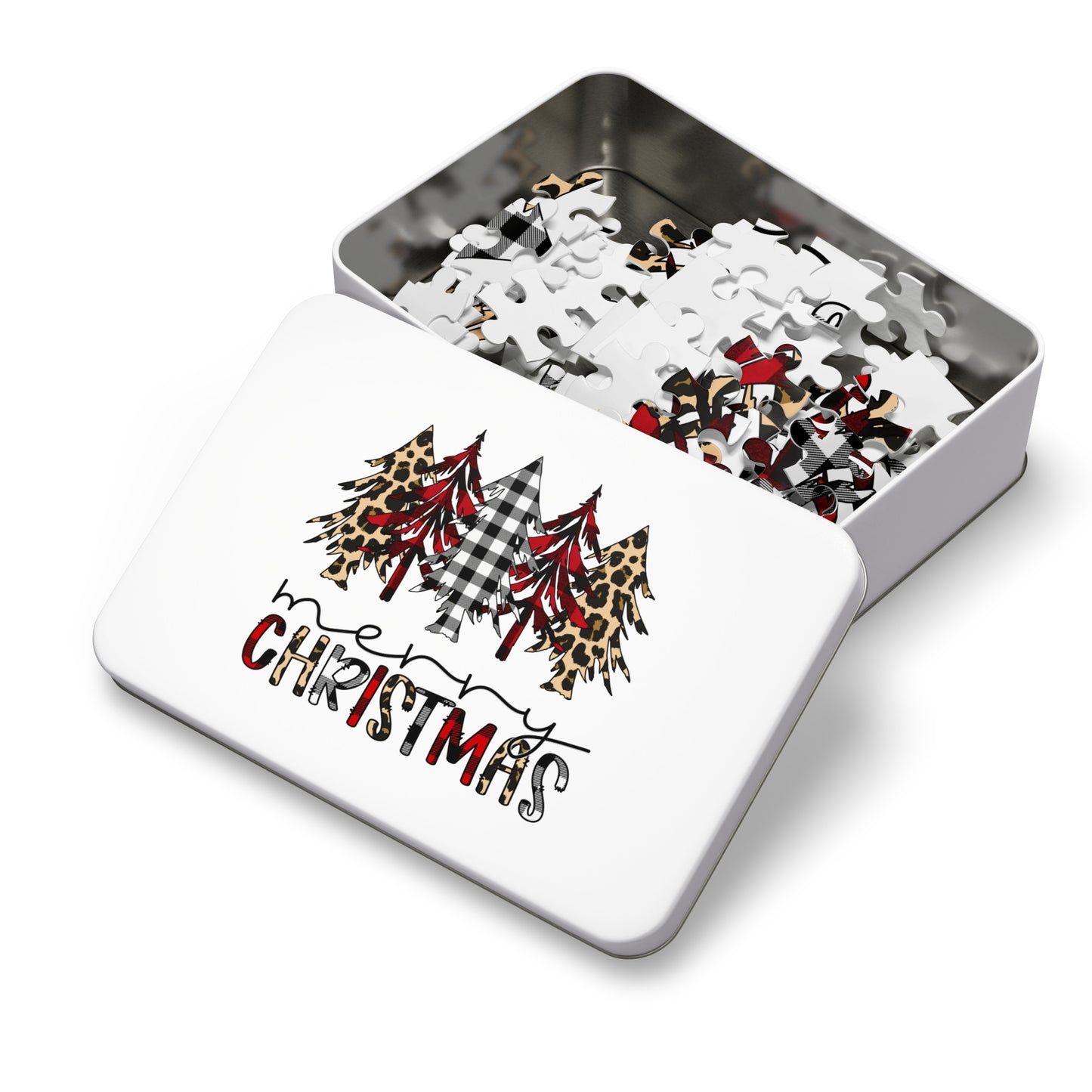 Merry Christmas Jigsaw Puzzle with Tin — Buffalo Plaid & Leopard Trees Merry Christmas Holiday Design