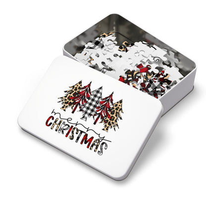 Merry Christmas Jigsaw Puzzle with Tin — Buffalo Plaid & Leopard Trees Merry Christmas Holiday Design