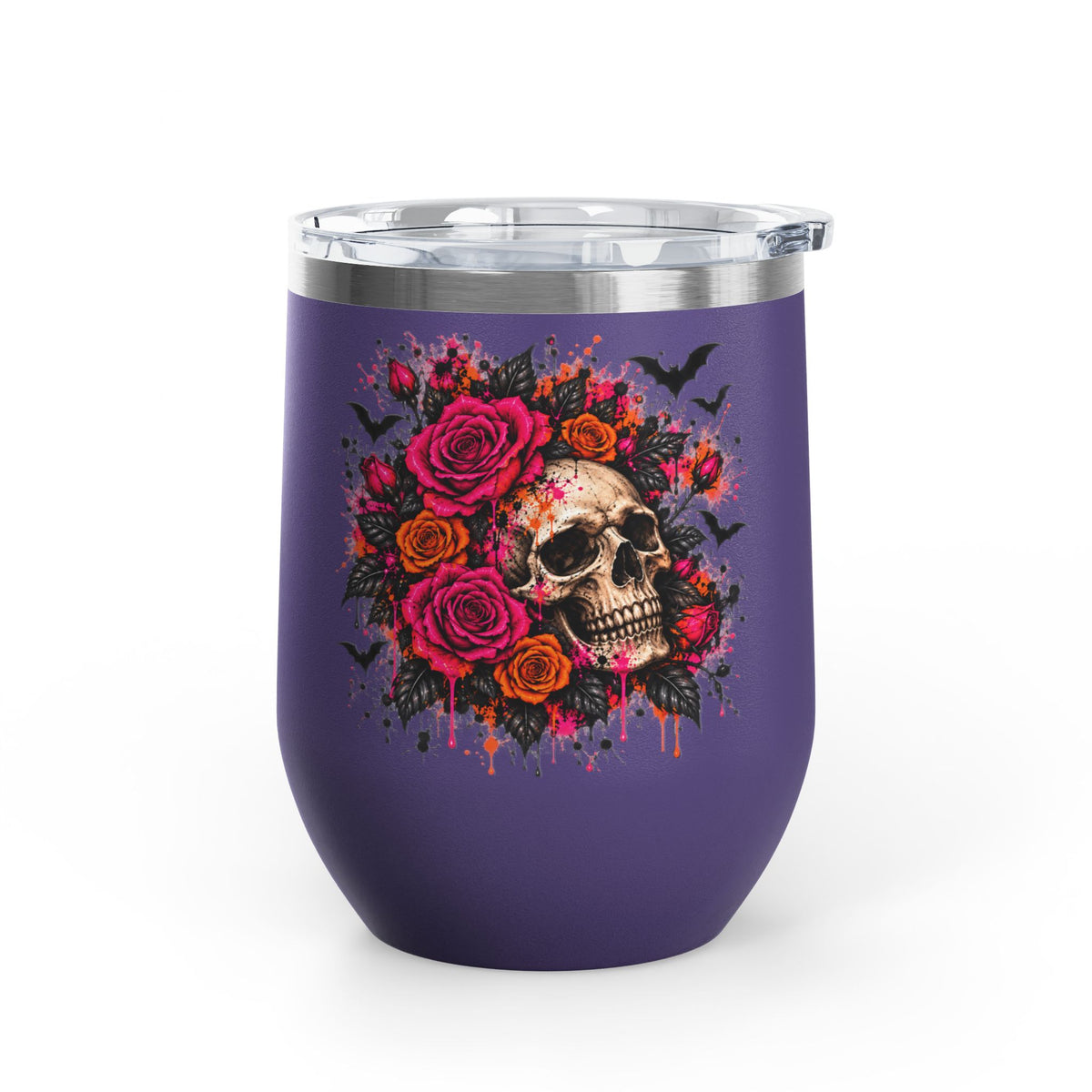 Deadly Blooms 12oz Wine Tumbler | Gothic Floral Skull Stainless Steel Cup by Subbin4Sanity