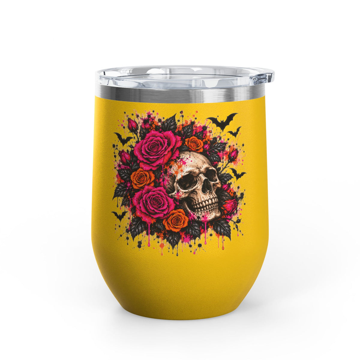 Deadly Blooms 12oz Wine Tumbler | Gothic Floral Skull Stainless Steel Cup by Subbin4Sanity