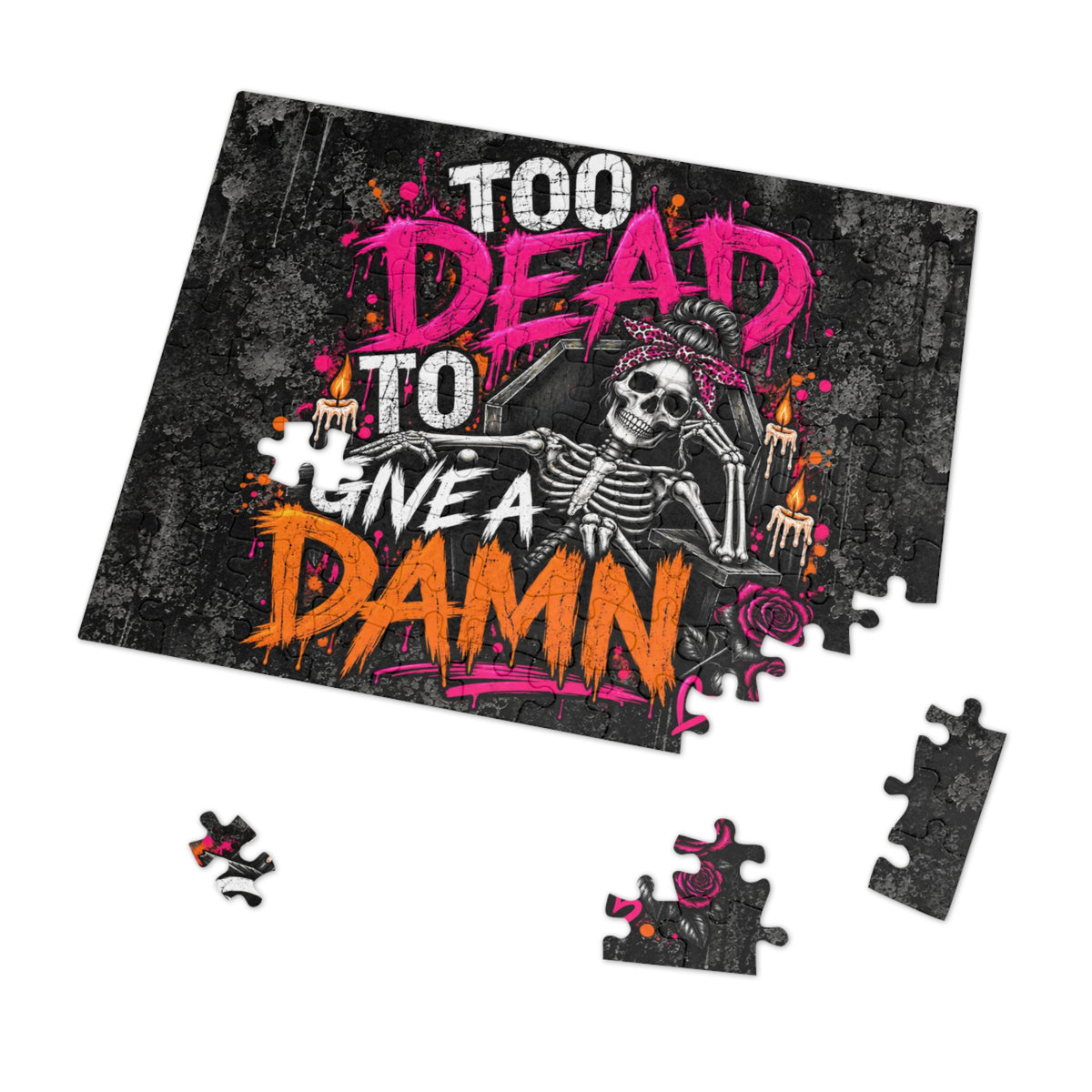 Too Dead To Give A Damn Halloween Jigsaw Puzzle | Sarcastic Gothic Skeleton Puzzle by Subbin4Sanity