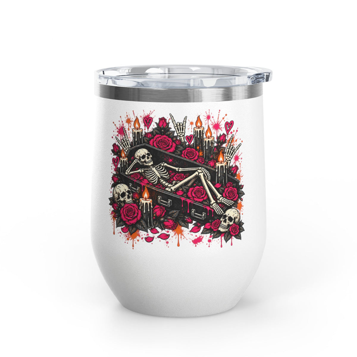 Dead & Unbothered 12oz Wine Tumbler | Gothic Skeleton Stainless Steel Cup by Subbin4Sanity