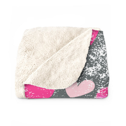 Grey Valentine’s sherpa fleece blanket with pink hearts pattern