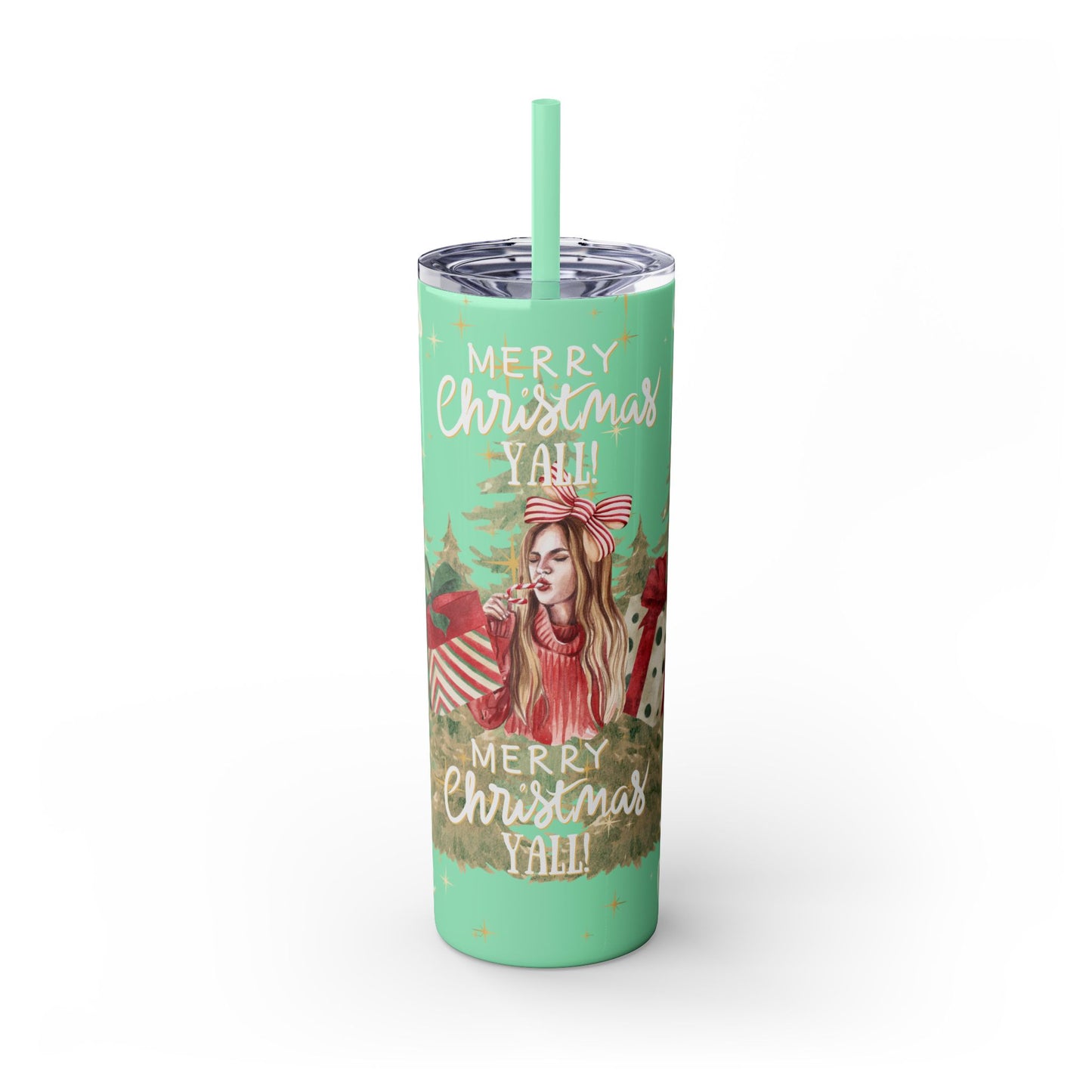 Christmas Skinny Tumbler with Straw, 20oz, "Merry Christmas Yall/I'm a gift"