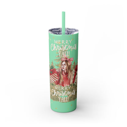 Christmas Skinny Tumbler with Straw, 20oz, "Merry Christmas Yall/I'm a gift"