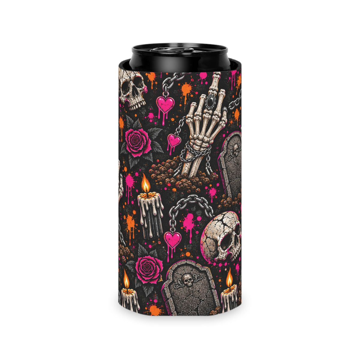Dirt & Defiance Pattern Foam Grip Koozie | Gothic Skeleton & Floral Can Cooler by Subbin4Sanity