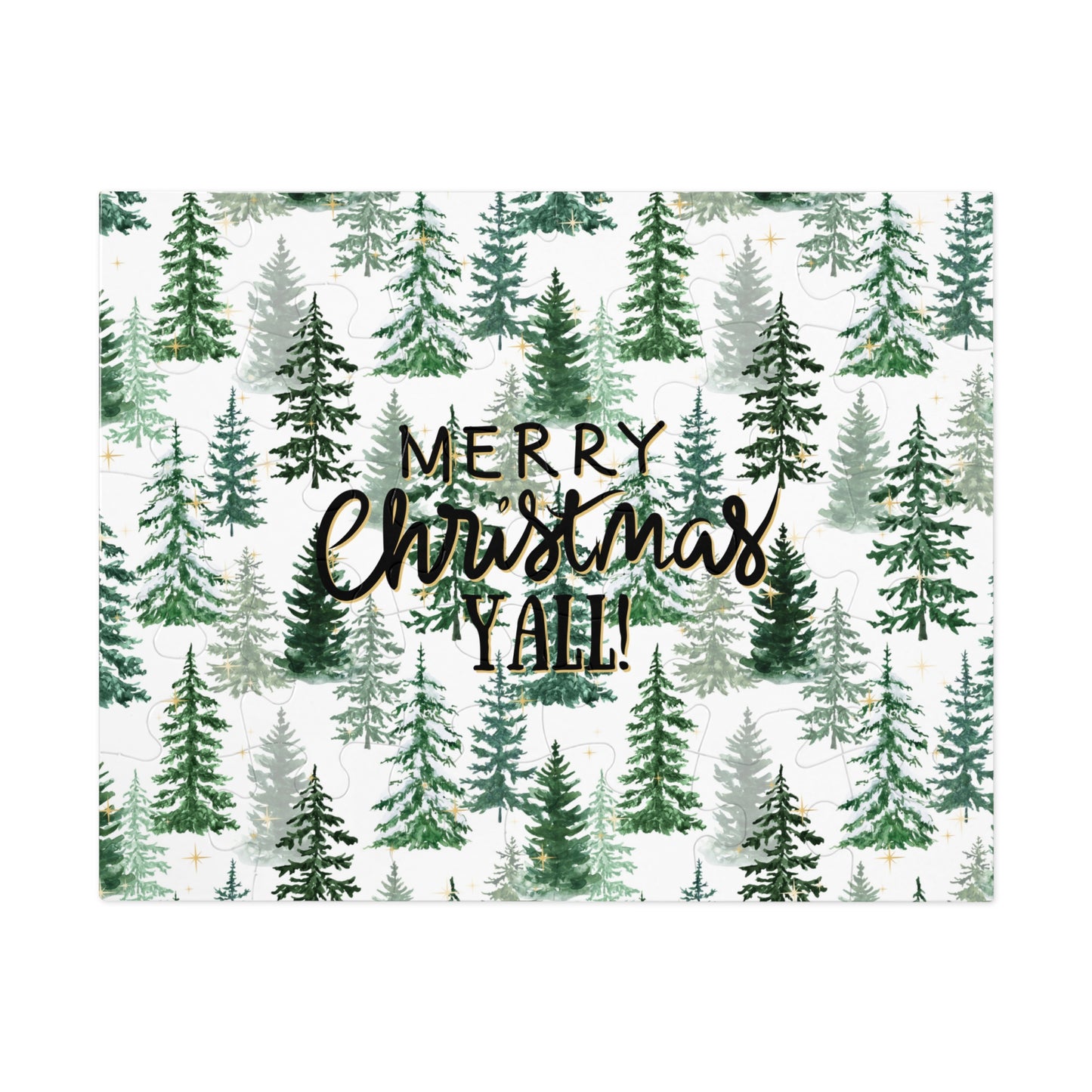 "Merry Christmas Yall!" Puzzle with Tin Box with Christmas Tree Background