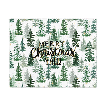 "Merry Christmas Yall!" Puzzle with Tin Box with Christmas Tree Background