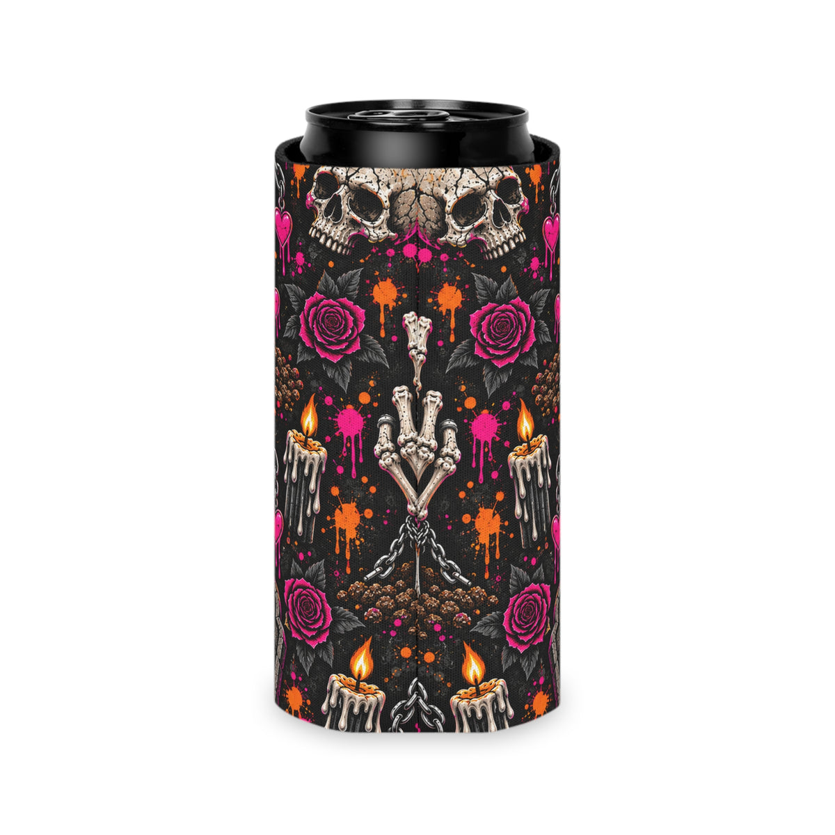 Dirt & Defiance Pattern Foam Grip Koozie | Gothic Skeleton & Floral Can Cooler by Subbin4Sanity