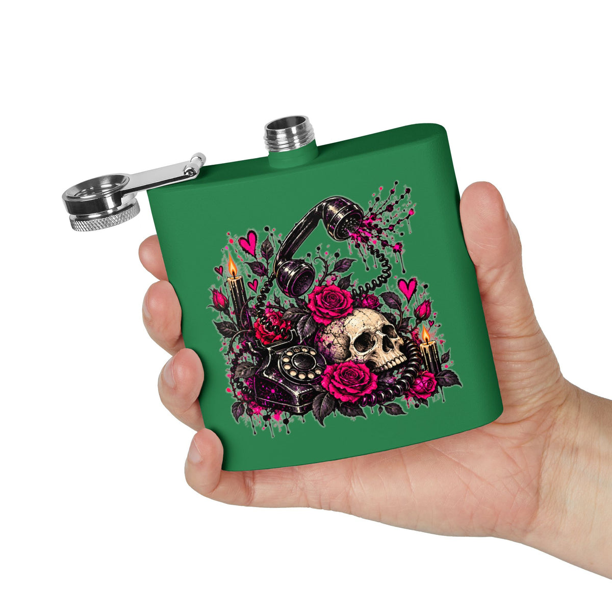 Karma’s Calling 6oz Stainless Steel Flask | Gothic Skull & Telephone Drinking Flask by Subbin4Sanity