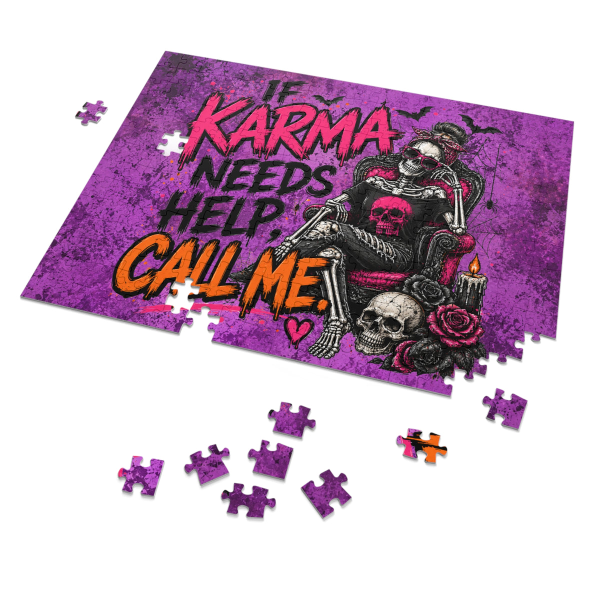 If Karma Needs Help, Call Me Halloween Jigsaw Puzzle | Sarcastic Gothic Skull Puzzle by Subbin4Sanity