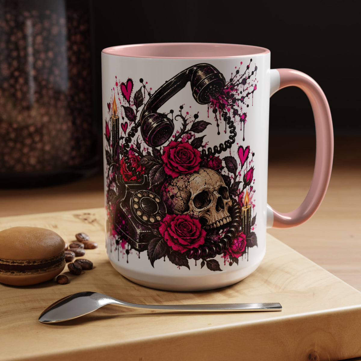 Karma’s Calling Coffee Mug | Gothic Skull & Telephone Ceramic Mug by Subbin4Sanity