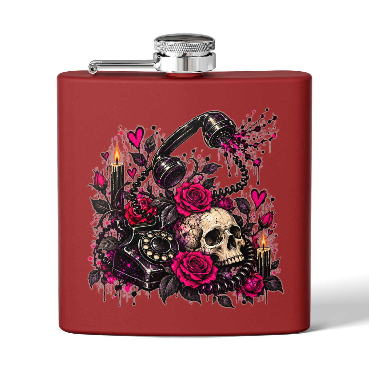 Karma’s Calling 6oz Stainless Steel Flask | Gothic Skull & Telephone Drinking Flask by Subbin4Sanity