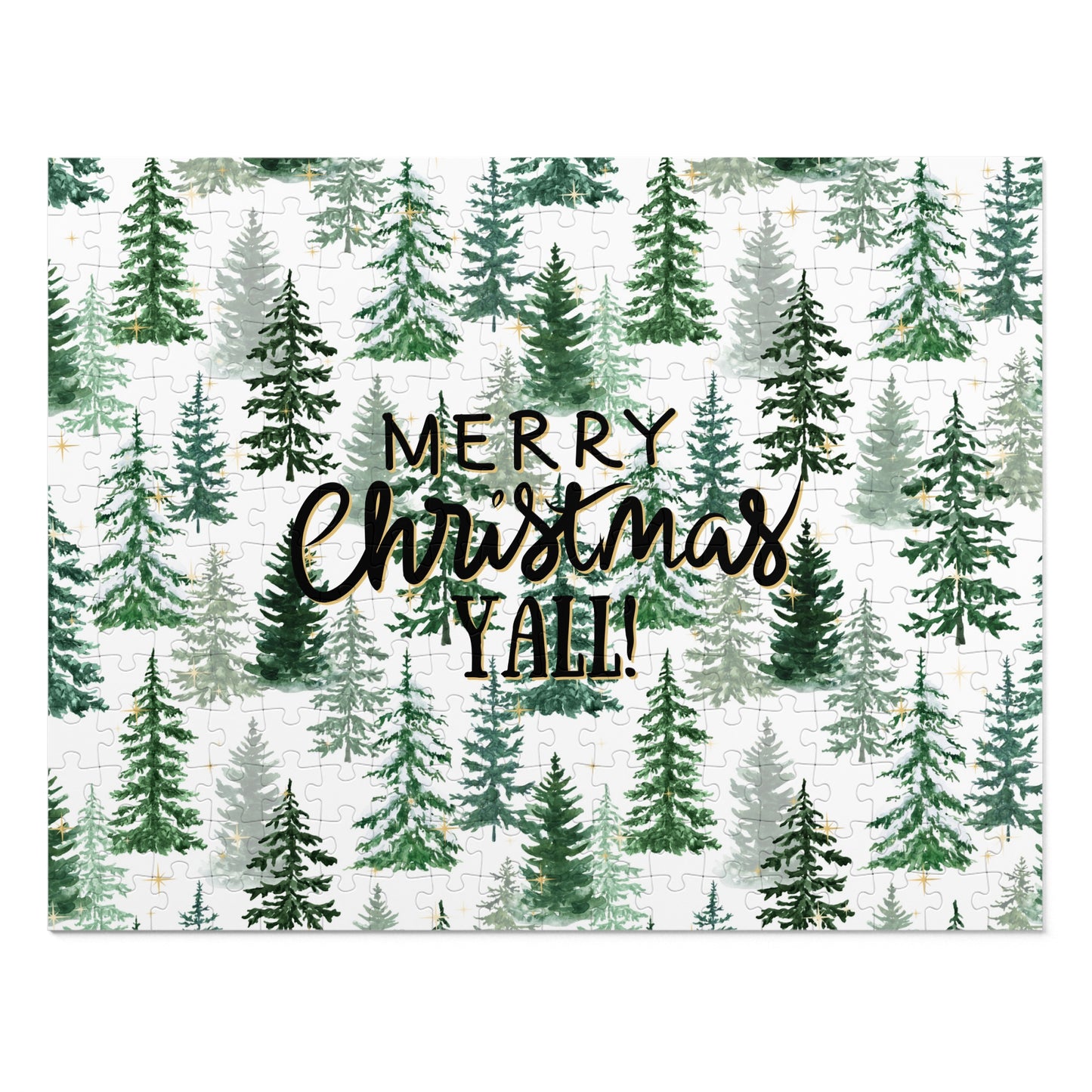 "Merry Christmas Yall!" Puzzle with Tin Box with Christmas Tree Background
