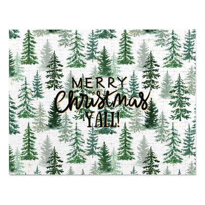 "Merry Christmas Yall!" Puzzle with Tin Box with Christmas Tree Background