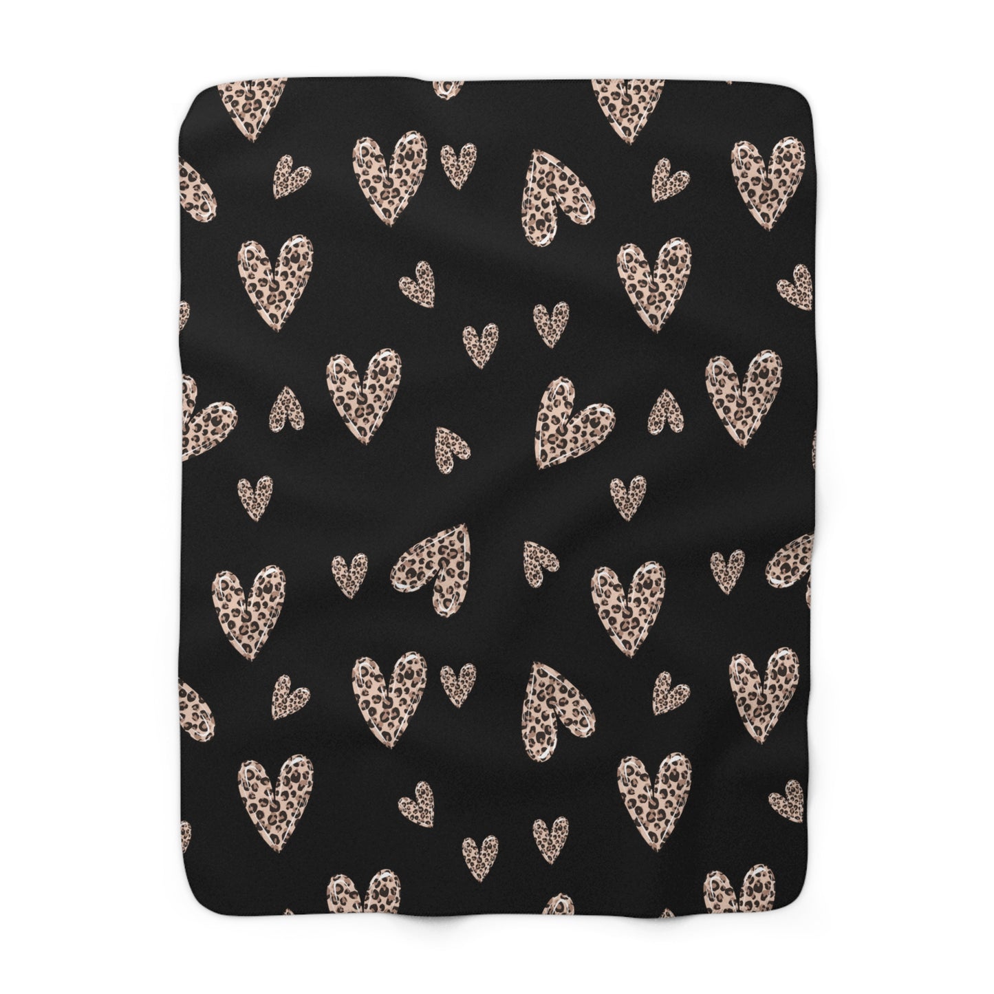 Black Valentine’s sherpa fleece blanket with leopard heart pattern