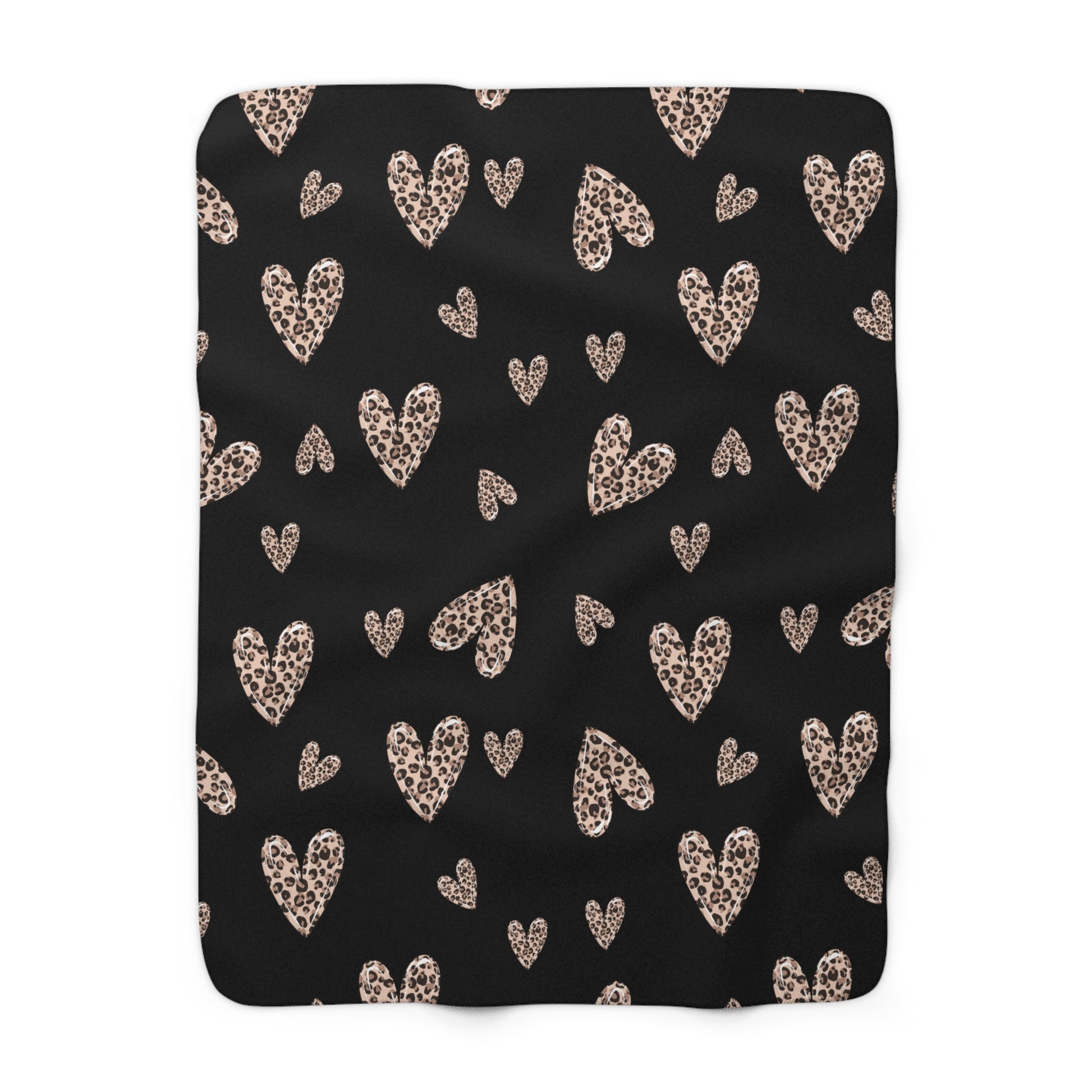 Black Valentine’s sherpa fleece blanket with leopard heart pattern