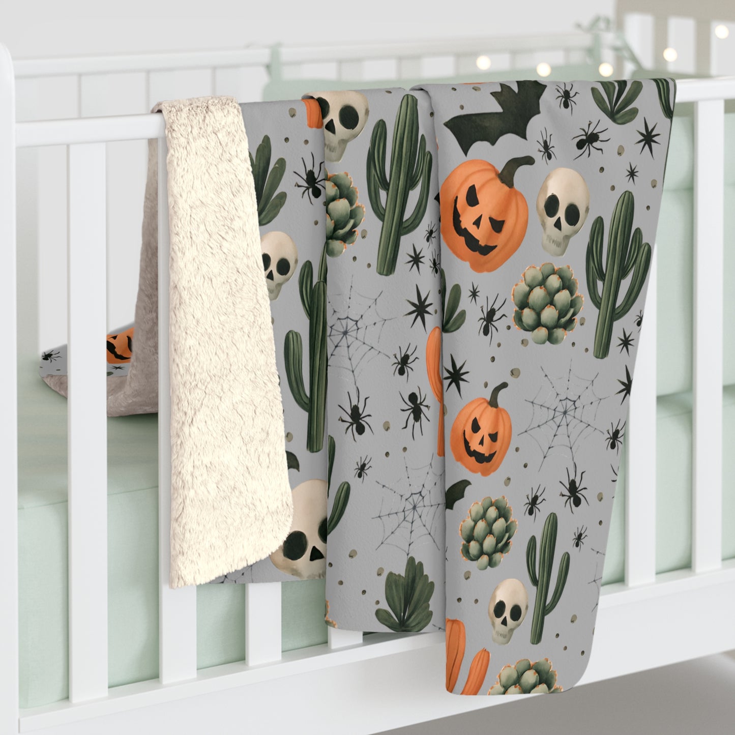 Boho Halloween Sherpa Fleece Blanket, Pumpkin Spider Bat Cactus Decor, Fall Home Decor, Cozy Warm Throw, Halloween Gift, Bohemian Blanket,