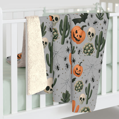 Boho Halloween Sherpa Fleece Blanket, Pumpkin Spider Bat Cactus Decor, Fall Home Decor, Cozy Warm Throw, Halloween Gift, Bohemian Blanket,