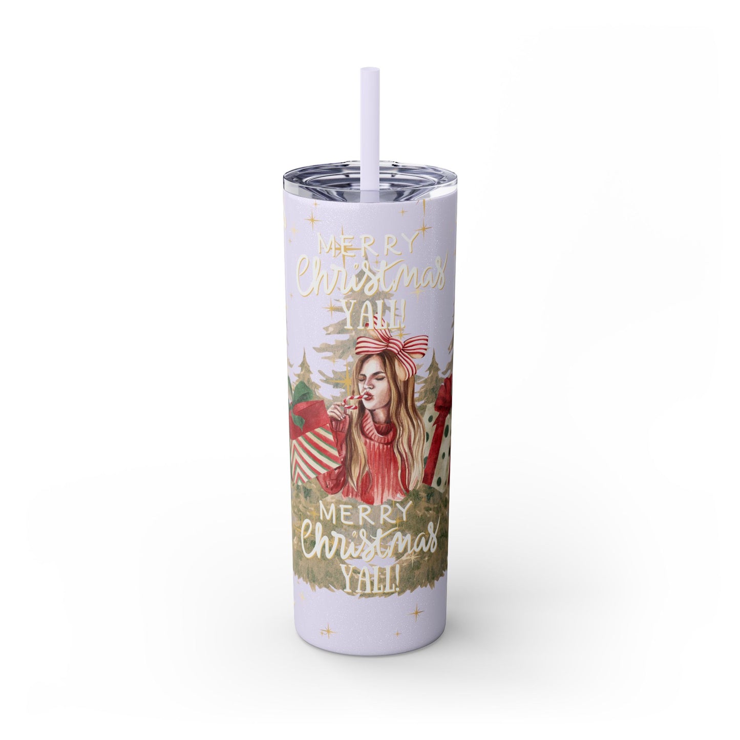 Christmas Skinny Tumbler with Straw, 20oz, "Merry Christmas Yall/I'm a gift"