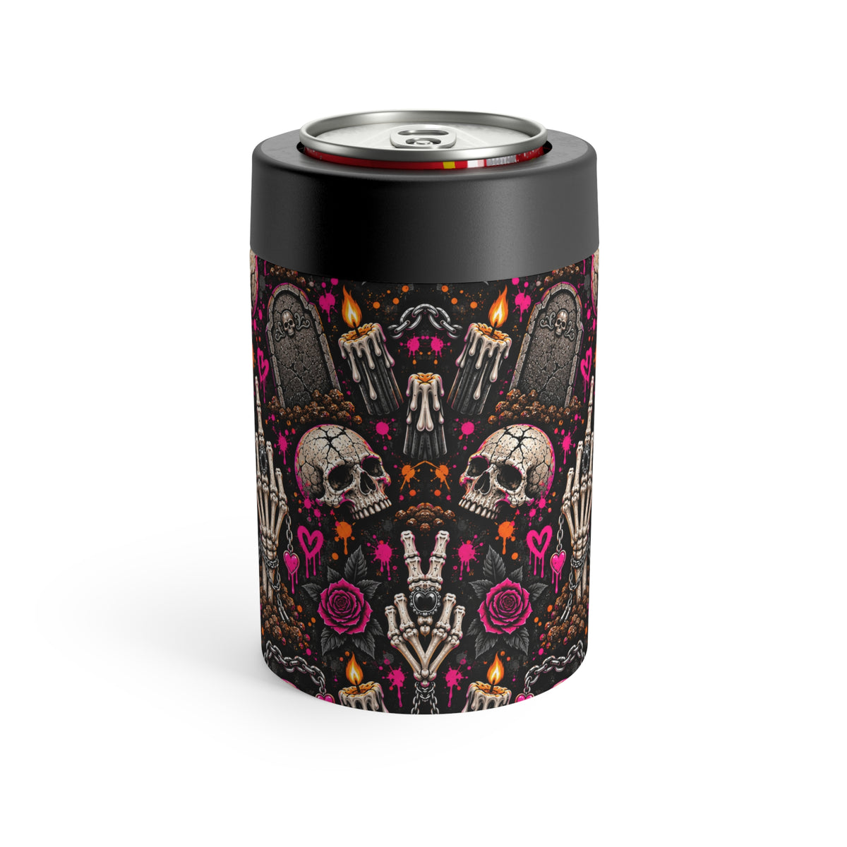 Dirt & Defiance Pattern 12oz Insulated Stainless Steel Koozie | Gothic Skull & Floral Can Holder by Subbin4Sanity